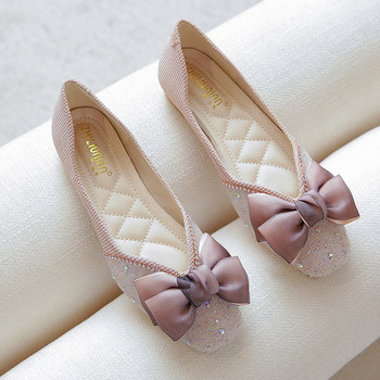 Flat single shoes women's soft bottom rhinestone bow peas shoes bridesmaid shoes wedding shoes boat scoop shoes large size women's shoes pregnant women autumn