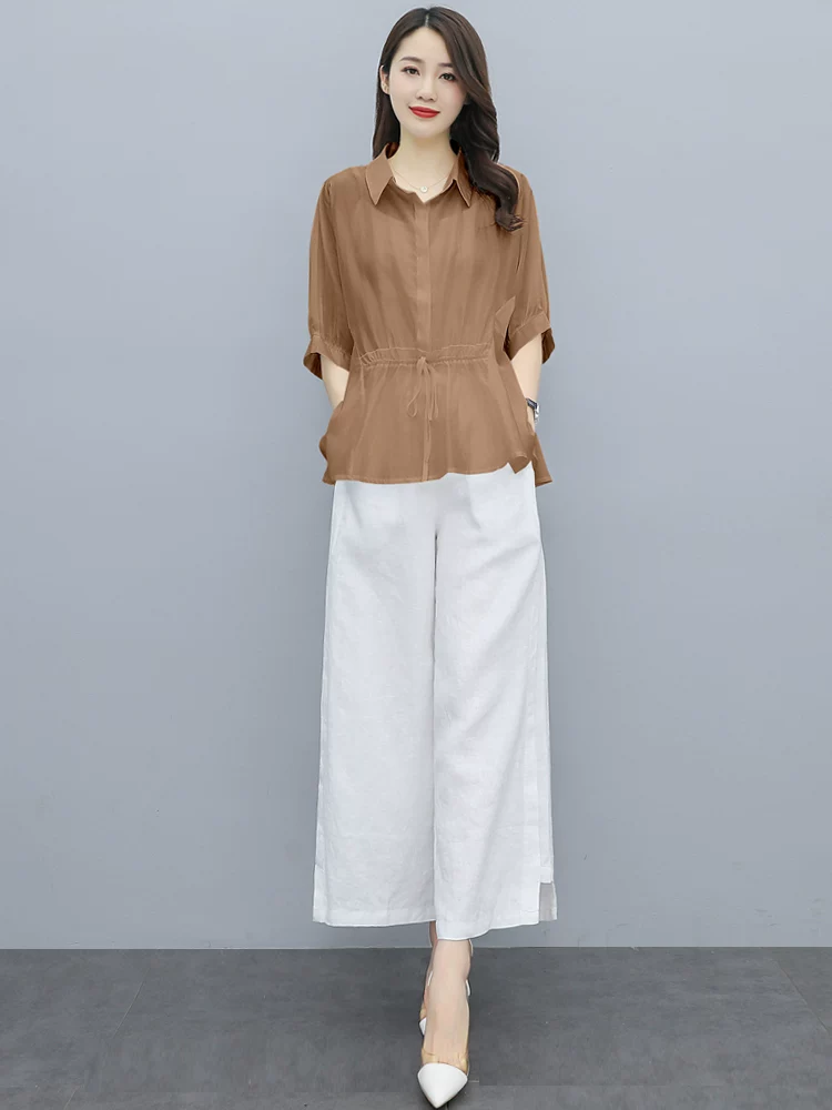 Комплект, летняя одежда на trousers, хлопок и лен