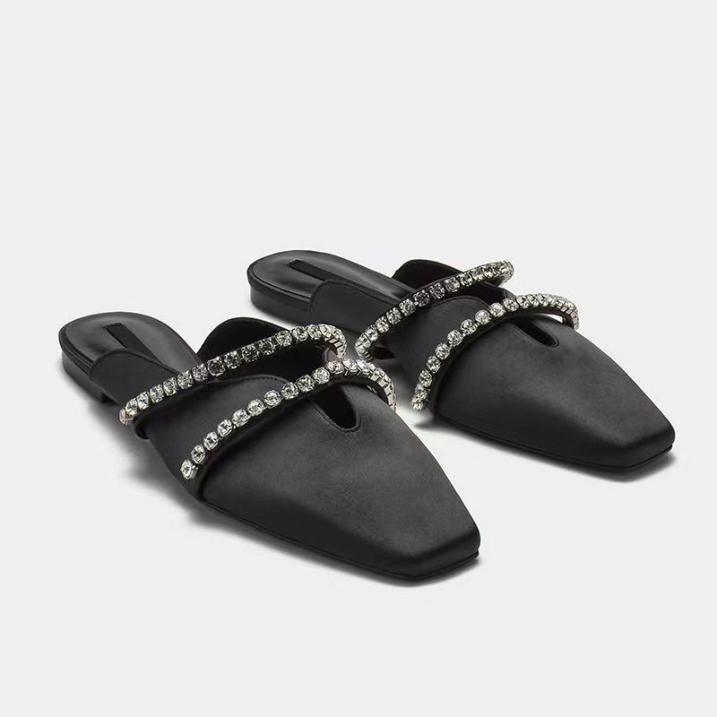 Clearance New Flat Mules French Fashion Versatile Square Toe Rhinestone Half-Heel