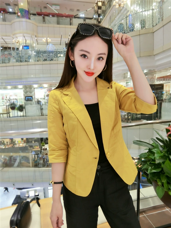 Áo khoác cotton và lanh nhỏ phù hợp với áo khoác nữ đoạn ngắn 2018 hè mới Hàn Quốc phiên bản áo dài tay nữ 7 điểm tự phục vụ phù hợp với áo mỏng áo khoác vest nữ