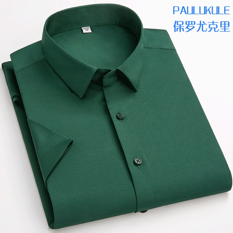 Paul High-End Summer Ice Silk Short-Sleeved Shirt for Men, Casual, No-Iron, Green, Thin, Youth Half-Sleeved Shirt, Business Paul High-End Summer Ice Silk Short-Sleeved Shirt for Men, Casual, No-Iron, Green, Thin, Youth Half-Sleeved Shirt, Business