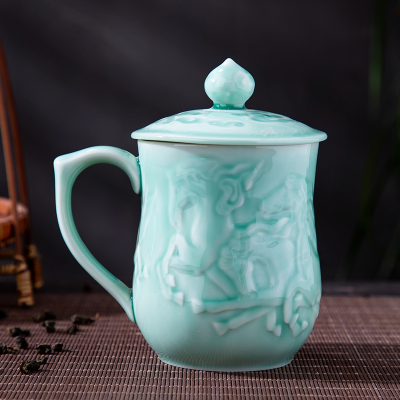 Office of jingdezhen ceramic cups with cover glass, household cup celadon personal keller cup gift reliefs