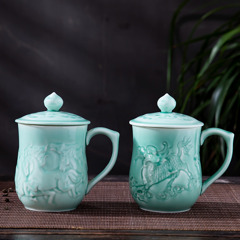 Office of jingdezhen ceramic cups with cover glass, household cup celadon personal keller cup gift reliefs