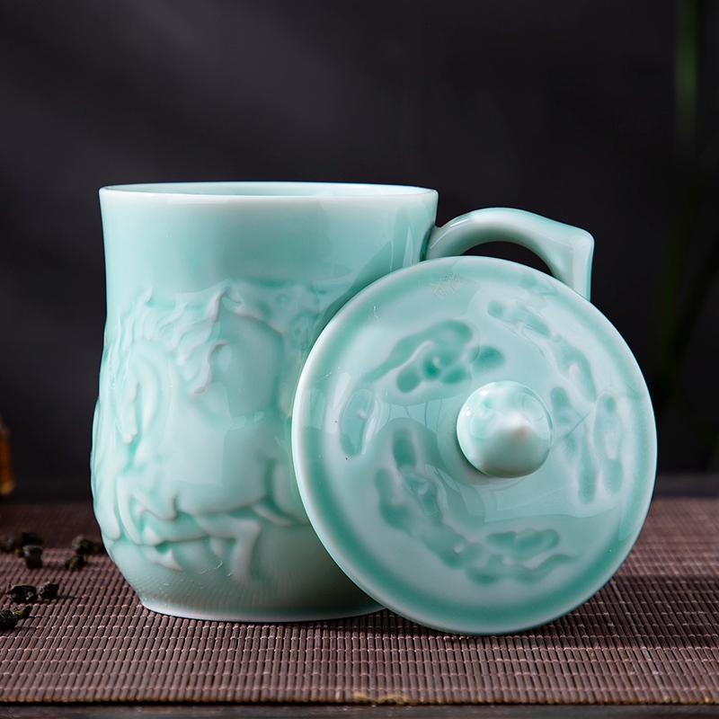 Office of jingdezhen ceramic cups with cover glass, household cup celadon personal keller cup gift reliefs