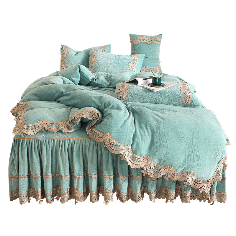 Europeanstyle simple carved milk velvet bed skirt fourpiece set lace