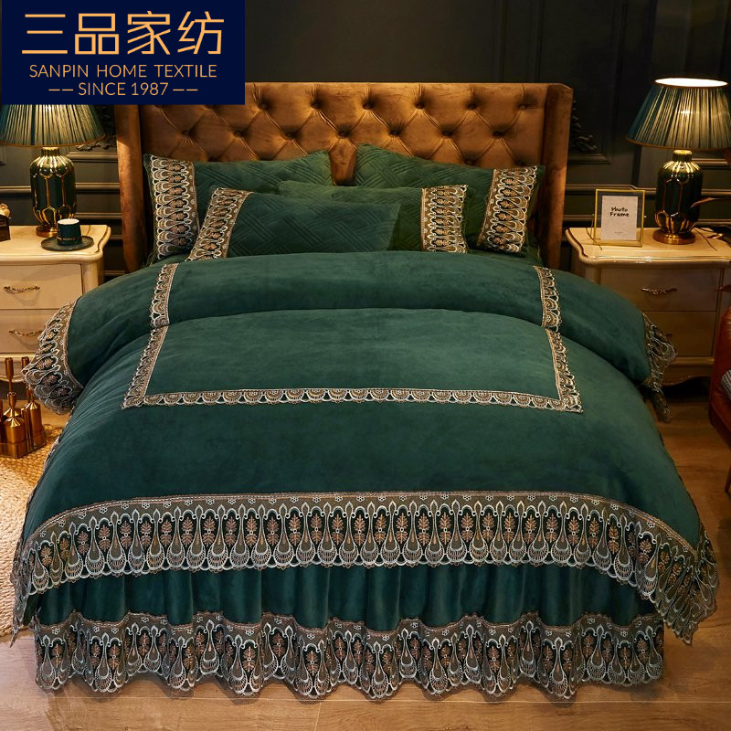 Eurostyle Thickened Lace Baby Suede Bed Skirt Four Pieces Clip Cotton Warm Bed Hood Style Bed Bedding Crystal Suede Bed Cover