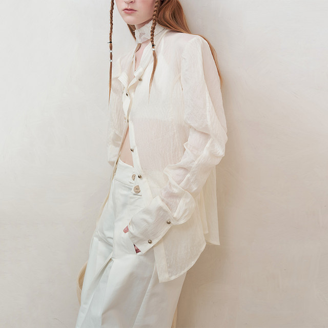 AnnoMundi Genesis Yuan Micro Moon Hazy Tencel Sheer Lapel Slightly Necked Waist Mid-Length Shirt Top