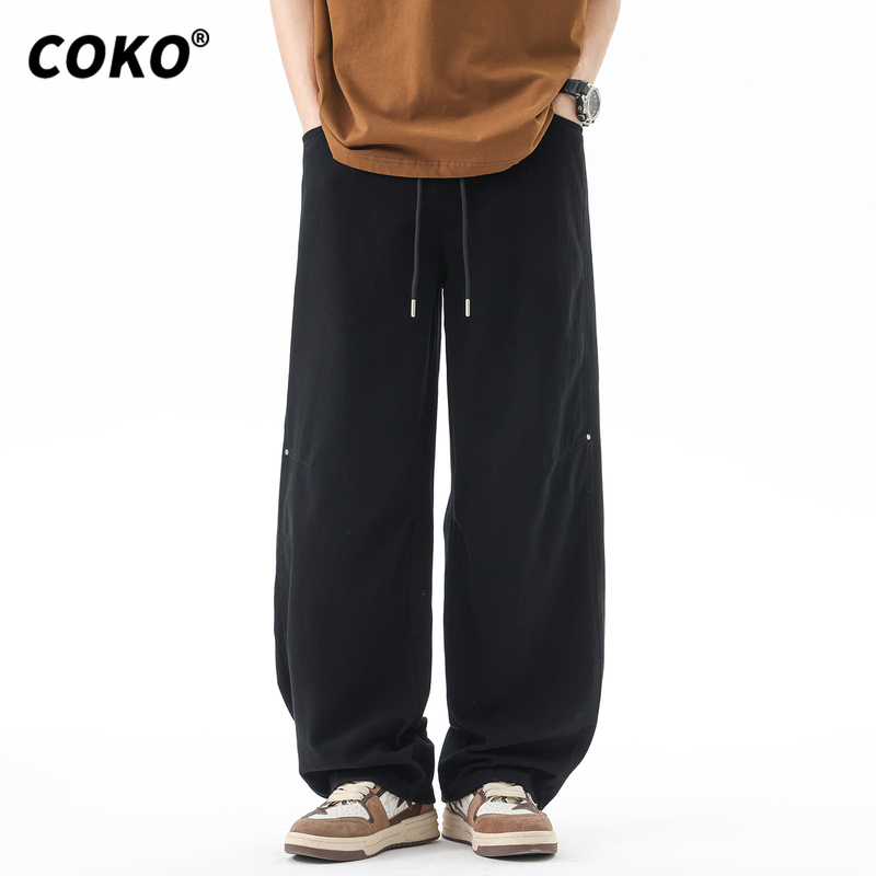 Coko Spring and Summer Pure Cotton Scimitar Wide-Leg Pants for Men, Loose Straight-Leg 2026 New Elastic Drawstring Sports Casual Pants