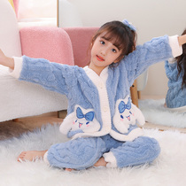 Child Pyjamas Girls Flannel Autumn Winter Plus Suede Thickened Coral Suede 2023 New Girls Home Suit Suit