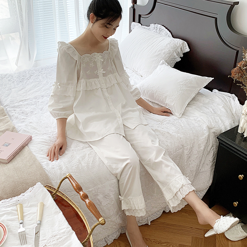 Japanese-Style Sweet Pajamas Two-Piece Set, Girly Court Style Spring and Summer Nightgown, Pure Cotton White Autumn and Winter Fairy Loungewear