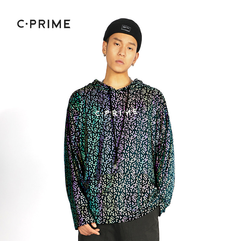 CPRIME digital gray refraction hooded sweater hip-hop loose large size 2019 new trendy hip-hop luminous clothing men