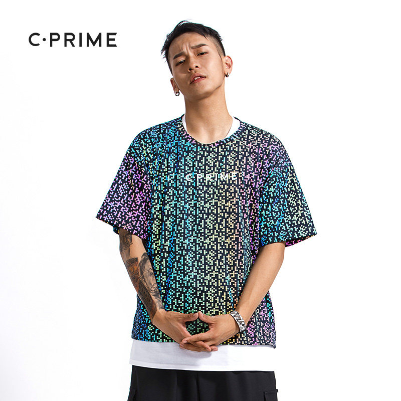 CPRIME refraction T-shirt hip-hop loose large size 2019 new hip-hop electric python sports short-sleeved digital gray male