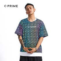 CPRIME refraction T-shirt hip-hop loose large size 2019 new hip-hop electric python sports short-sleeved digital gray male
