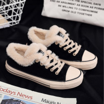 Human-based winter canvas shoes womens low-top plus velvet warm womens shoes Korean students flip cotton shoes black casual cotton boots