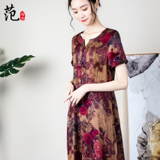 Одежда для дам 【断码清仓特惠】真丝香云纱连衣裙女中年大码短袖桑蚕丝大摆长裙