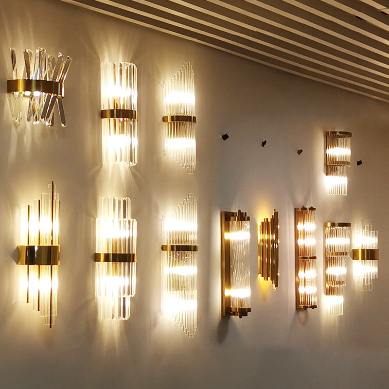 Postmodern light extravagant crystal wall lamp full copper living-room background wall aisle European-style bedroom aisle bed headlights free of wiring 