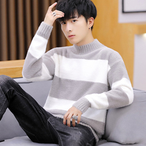 Half turtleneck sweater men winter trend thickened sweater student waterproof mink striped warm base shirt