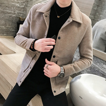 Mens woolen coat thickened Korean trend trench coat short style plus velvet autumn and winter jacket woolen coat mens coat