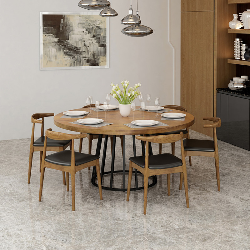 American solid wood large round table home simple modern wrought iron leisure table retro old coffee shop negotiation table dining table