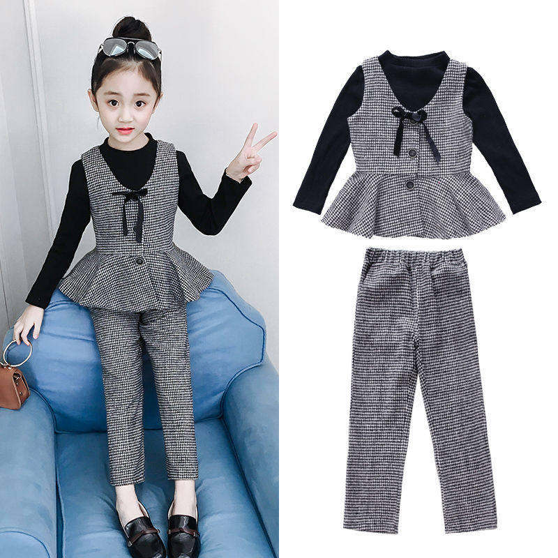 Girls Spring and Autumn Plaid Set New Fashion Kids 7 Girls 8 Years Old Foreign Fashion Kids Funky Autumn Three-Piece Set