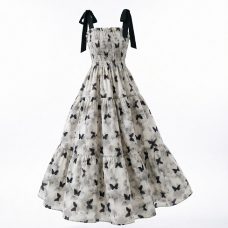 100kg Foreign Trade Plus-Size Women's Clothing Aliexpress Amazon European and American Style French Butterfly Print Strap Dress