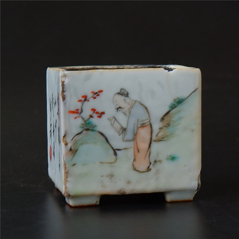 Flower = diameter shallow crimson color Famous figures Gaoshi landscape square cylinder porcelain ceramic literati porcelain art collection