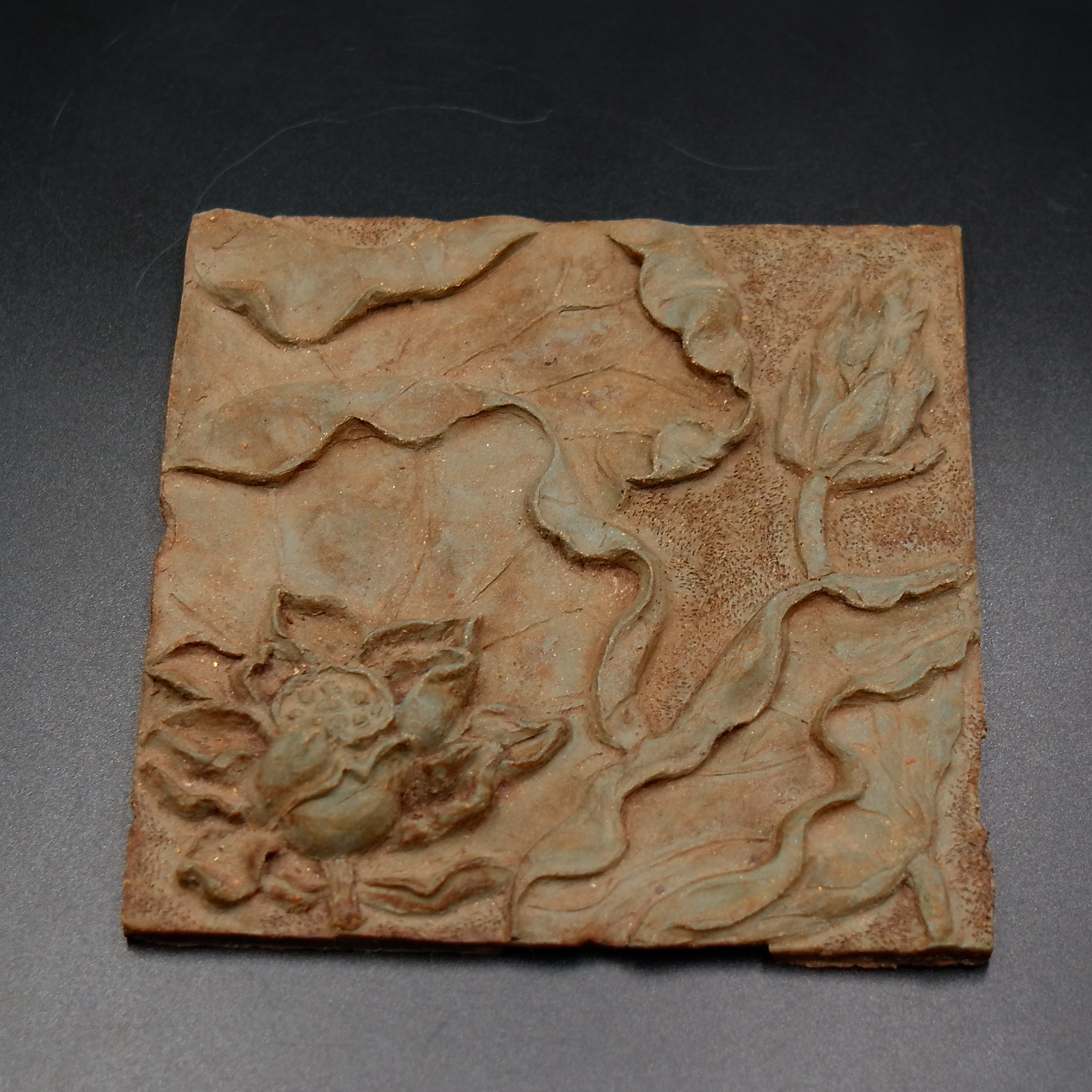 Su Xin era author unknown purple sand green clay lotus flower figure high relief plate collection