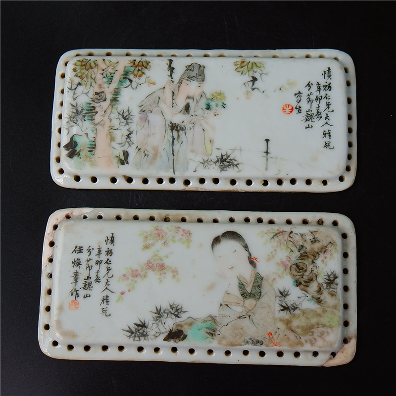 Long distance = Long distance artist Ren Huanzhang Shallow Magenta Figure's female high-figure pillow sheet A pair of literati porcelain sides have kowtowing