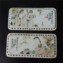 long=long famous Ren Huanzhang light purple color characters Lady Gao Shi pillow pieces a pair of literati porcelain edges have knock repair