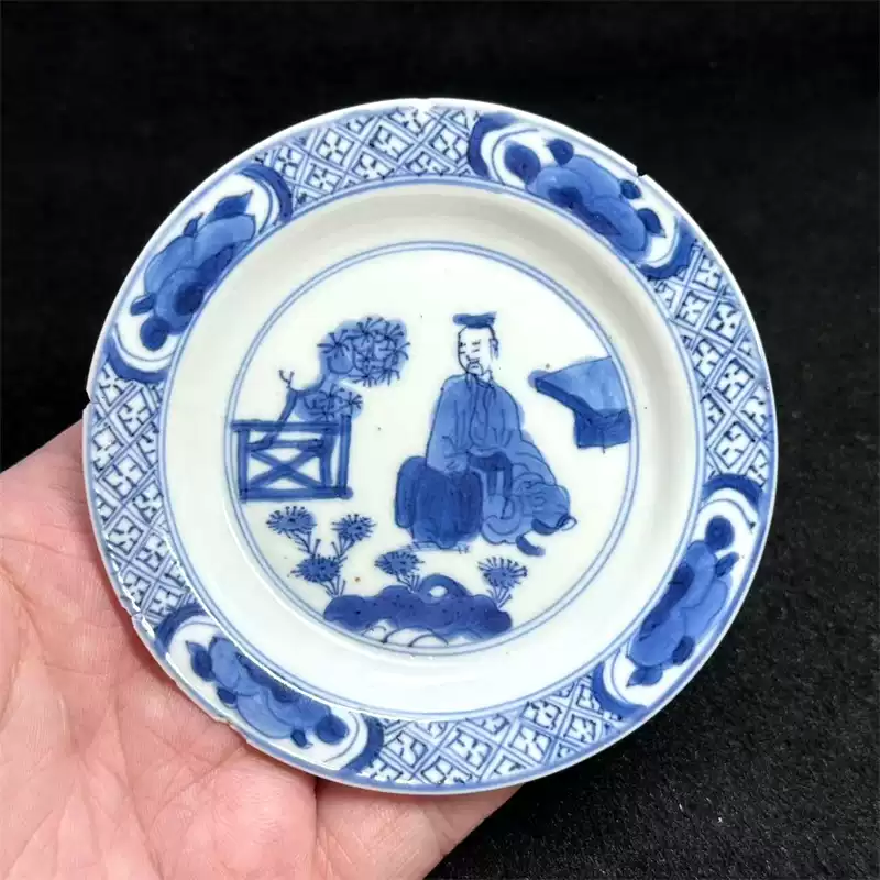 中国古玩　康熙年製 人物　風景　青花　染付　花入　中国美術 清代 明代 清朝期 春=霜清代康熙青花人物高士圖陶淵明賞菊成化年制小碟藝術品收藏-淘寶