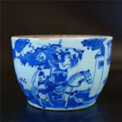 Xiang=Quan Qing mid-century blue and white figure cylinder mouth small nibble grain-free porcelain Ceramic literati porcelain art collection