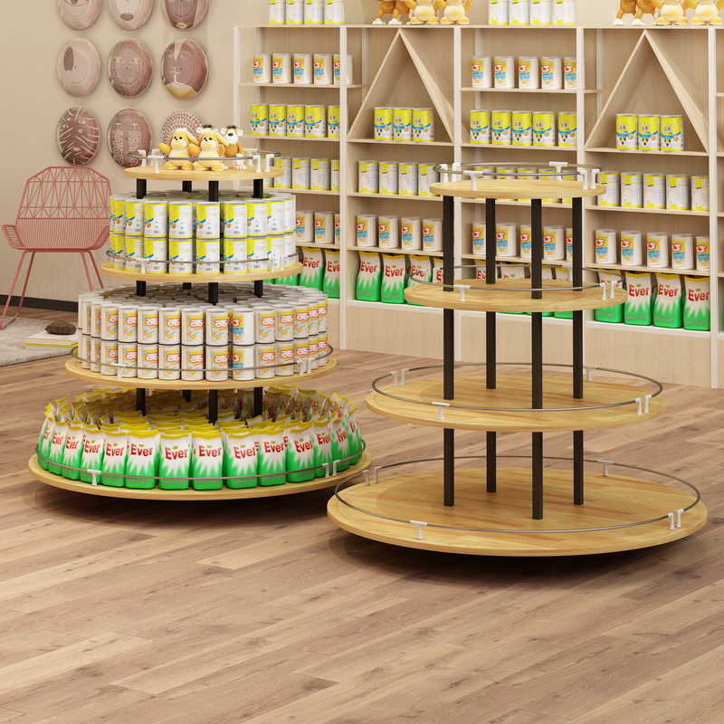 Steel Wood Super Market Shelves Zero Food Exhibition Cabinet Round Container Milk Powder Store Wood Shelving Water Table Containing