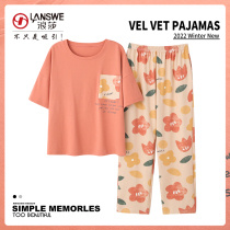 Surissa Pajamas Woman Summer New Pure Cotton Short Sleeve Long Pants Casual Home Clothing Thin and large size Two suits