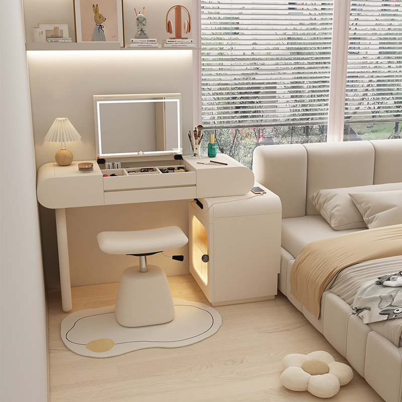 Small Apartment Bedroom Vanity Table, Integrated Wall-Mounted Makeup Table, Home Bedside Storage Cabinet with Flip-Top Makeup Mirror