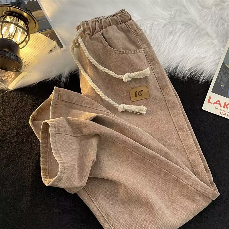 American Vintage Pants High Street Fashion Large Drawstring Elastic Waist Jeans Men's Loose Straight Long Pants