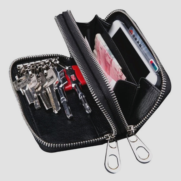 Genuine leather sheepskin woven key bag coin wallet mobile phone bag card bag men's and women's double zipper multifunctional two-in-one
