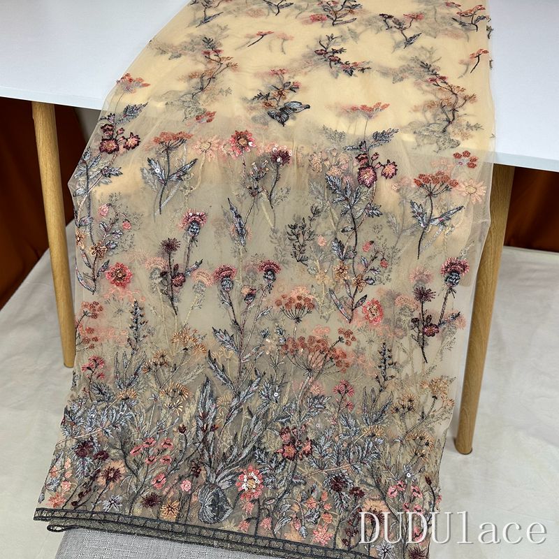 Soft Mesh Embroider Sequin Lace Fabric Brown Coffee Clothing Single-Sided Plant Flower Dress Cheongsam Fabric
