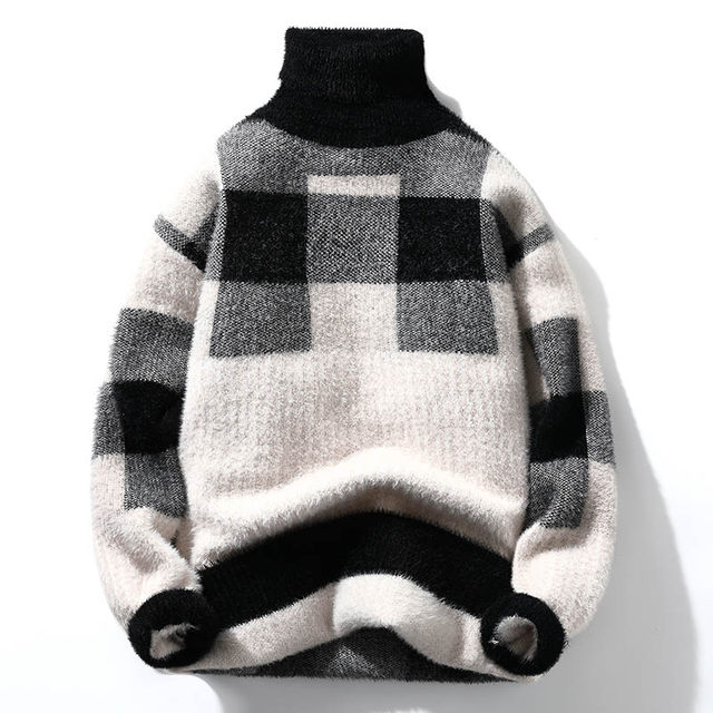 Imitation mink velvet men's sweater and thread casual and versatile trendy plaid contrast color base warmth thickened turtleneck pullover