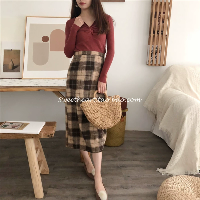 [Sweetlove] Váy len kẻ sọc eo cao phong cách retro chân váy xòe hoa