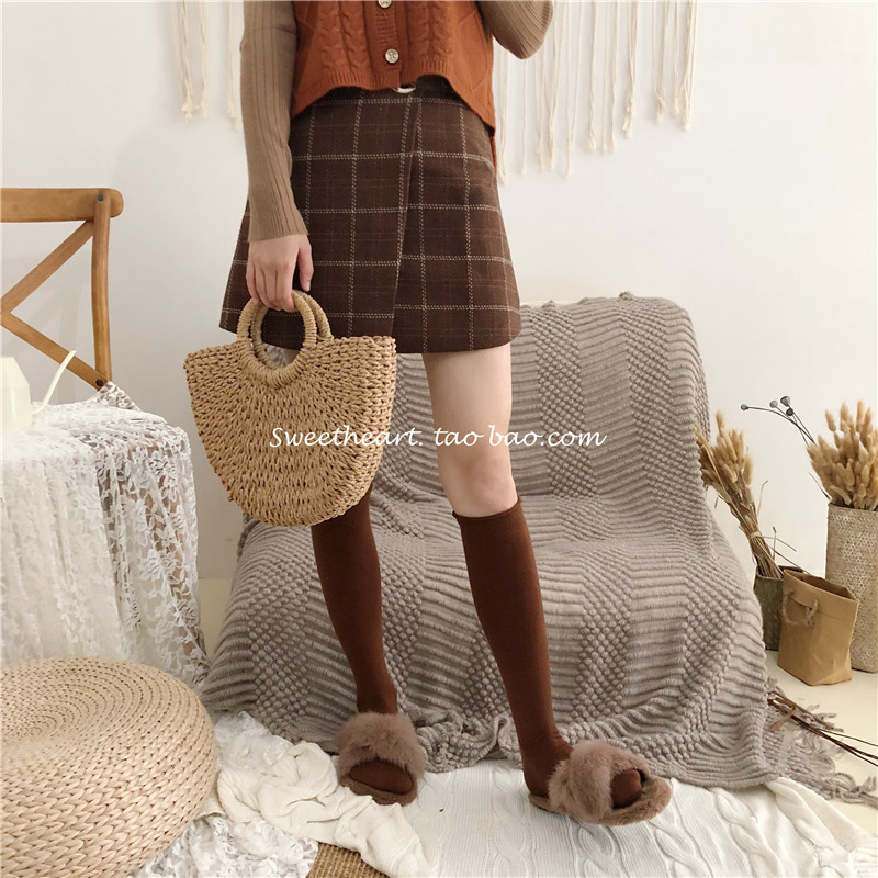 [Người yêu] Màu caramel Phần thưởng kẻ sọc cao eo thon váy eo nhún	