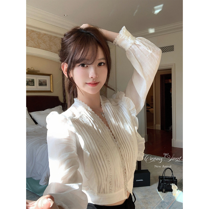 Creamysweet Luxurious Ramie Heavy-Textured Striped White Shirt for Women with Lace Patchwork Design