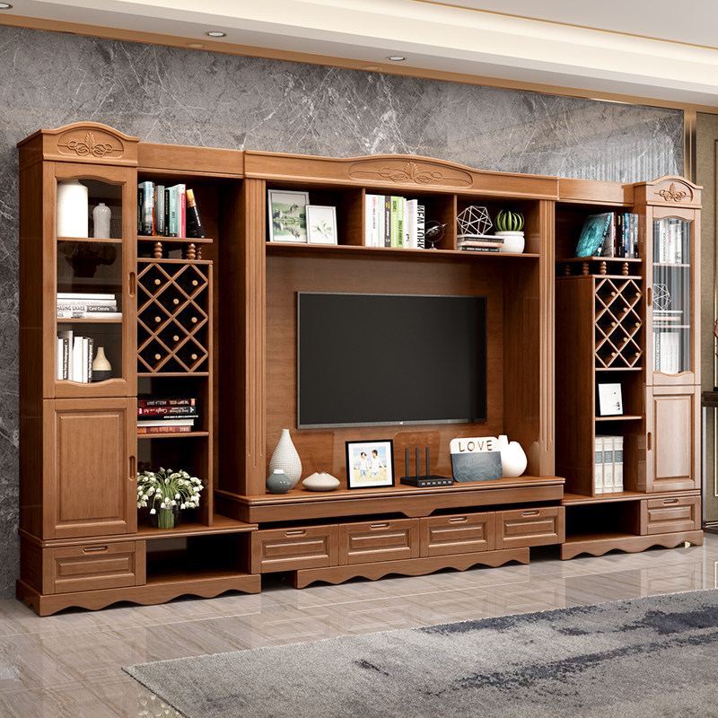 Solid wood TV cabinet combination wall cabinet living room large household 3 3m retractable partition video cabinet background cabinet integrated
