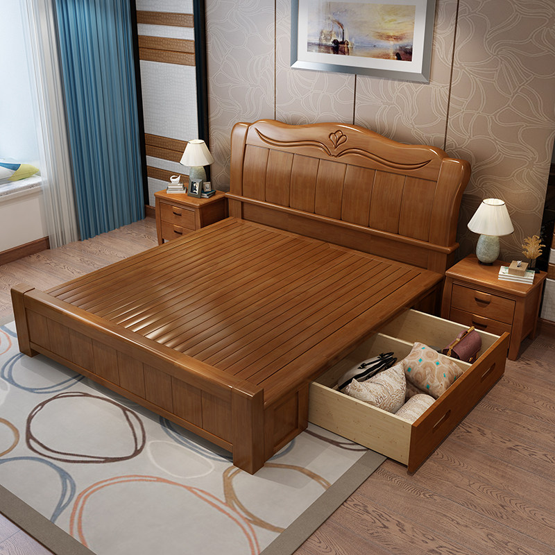 Solid Wood Bed Chinese Single Double Bed Master Bedroom 1 8 m minimalist Hyundai 1 5m Wedding bed Economy Type of household oak