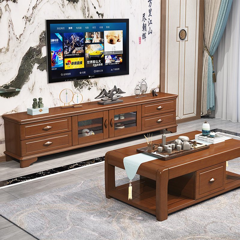 Brief modern solid wood TV cabinet tea table combination suit two-meter living room home small family type TV cabinet short cabinet