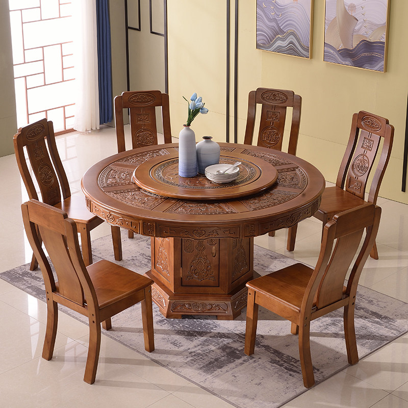 All - solid wood antique sculpture dining table and chair 10 people with tempered glass Chinese antique sculpture round table household