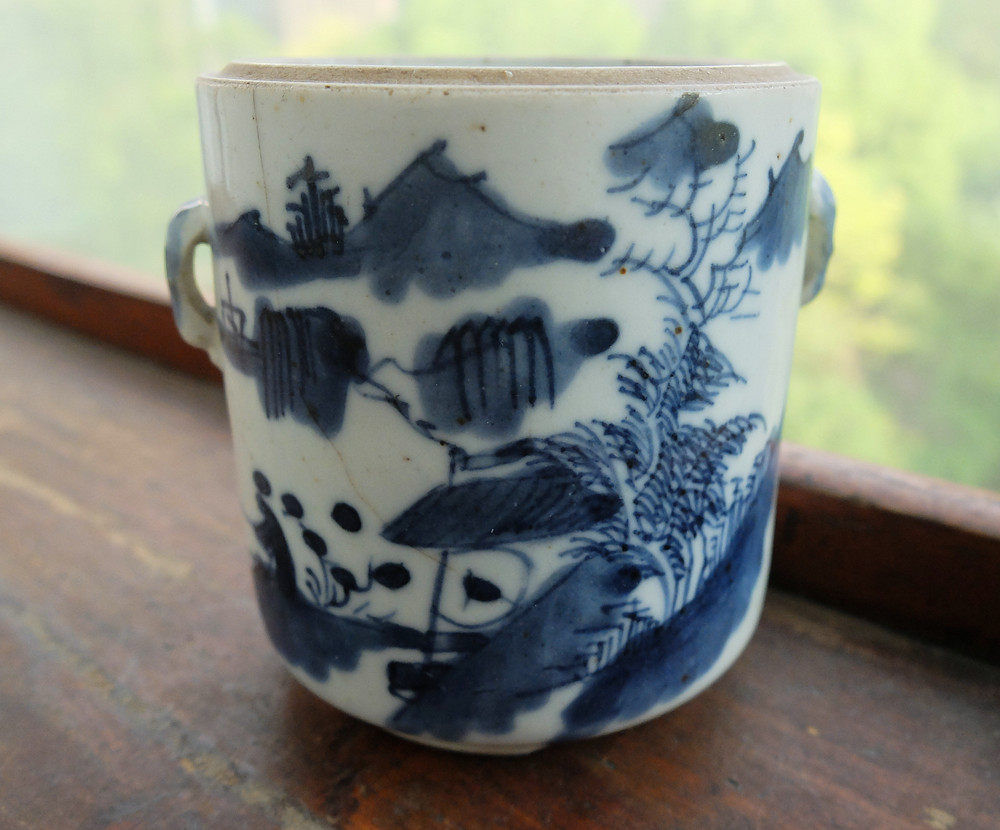 中国古玩 青花人物山水风景 香盒