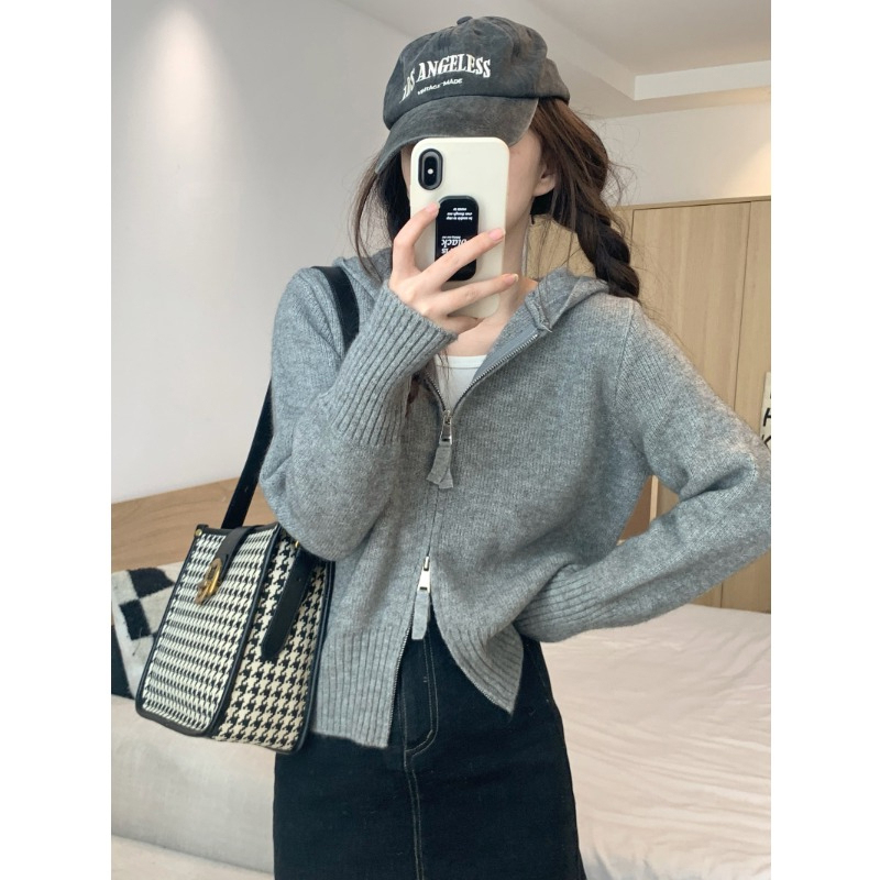 Gray Zip-Up Hooded Knit Cardigan for Women, Autumn and Winter ins Korean Style Trendy Short Sweater Base Layer