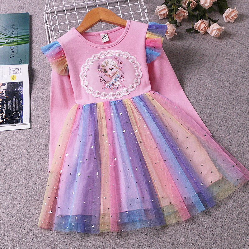 Girls Aisha princess skirt rainbow dress baby spring and autumn long-sleeved Aisha new summer dress children girl