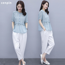 cenpin ice silk cotton linen set women-R Bridge Ning 2021 summer new fashion age reduction pants two-piece set