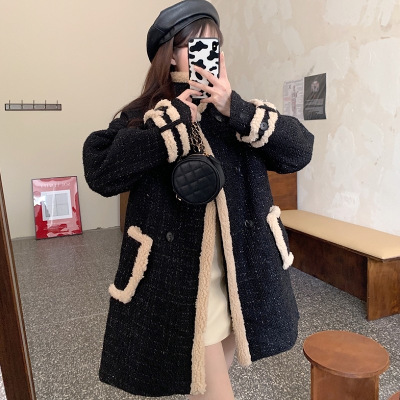 Sanskrit small fragrant wind lamb wool coat female winter medium long version Korean version loose 100 lap up collar gush thickened cotton clothing